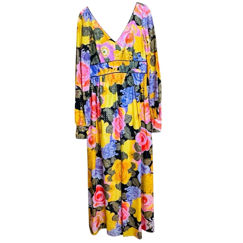 Vintage Miss Bierner Sparkly Metallic Gold Maxi 70s V Neck Flower Power Dress S